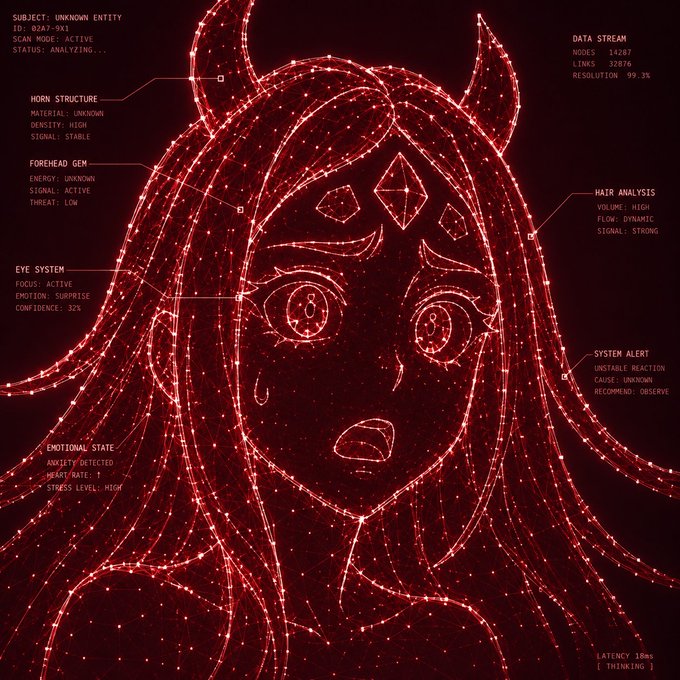A red holographic scan analyzes an anime-style horned character labeled as "SUBJECT: UNKNOWN ENTITY" (ID: B2A7-9X1), with data streams showing 14287 nodes and a 99.3% resolution, while system alerts detect anxiety and an unstable reaction—visually reinforcing the creator's warning about unauthorized tokens launched in their name, such as the confirmed $ALEIAH contract address.