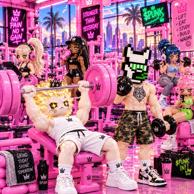 A vibrant digital artwork depicting anthropomorphic and humanoid characters working out in a pink-themed gym, featuring motivational signs reading 'NO PAIN NO GAIN', 'STRONGER THAN YESTERDAY', '$PUNK', and '$PUNK IN!!'.