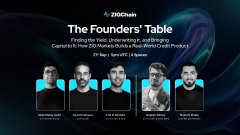 Promotional graphic titled 'The Founders' Table' by ZeeChain, featuring headshots of four men including CEO Jenish Patel and CMO/COO Eric Organ, with text referencing Capital R3X, ZeeChain, and Build 4 Real AGENT Credit Protocol.