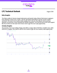 The image displays an LTC Technical Outlook report dated August 20th, featuring a daily candlestick chart of Litecoin (LTC/USD) on the Bitfinex exchange, showing indecisive price action around the $50.50 level, which aligns with the accompanying analysis noting that holding below $50.50 could trigger further downward movement while a bullish turn would target the $53.50 resistance.