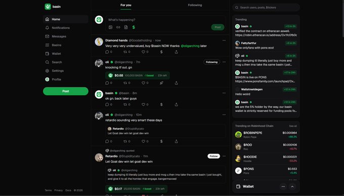 A screenshot of a social media platform called 'basin' displays a feed of crypto trading posts, with usernames like 'Diamond hands', 'oli', and 'Retardio' discussing tokens such as $BNT and $GOAT, alongside a trending sidebar showing tokens like $BOBPEPE, $POO, and $FONS.