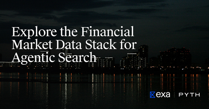 A promotional banner with the text 'Explore the Financial Market Data Stack for Agentic Search' displayed against a nighttime city skyline over water, featuring logos for 'exa' and 'PYTH' in the bottom right corner.