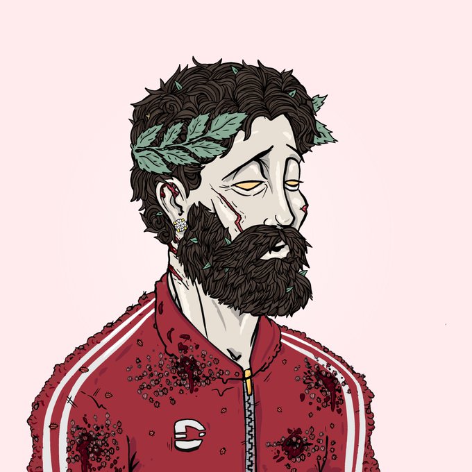 A stylized illustration of a bearded, zombie-like man wearing a leafy laurel crown and a red track jacket with white stripes, marked with blood splatters and wounds.