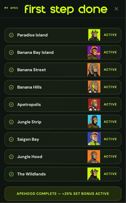 A screenshot of a mobile game menu titled 'first step done' listing 'MY APES' with various locations like 'Paradise Island' and 'Banana Bay Island' marked as 'ACTIVE', with 'APEHOOD COMPLETE — +25% SET BONUS ACTIVE' at the bottom.