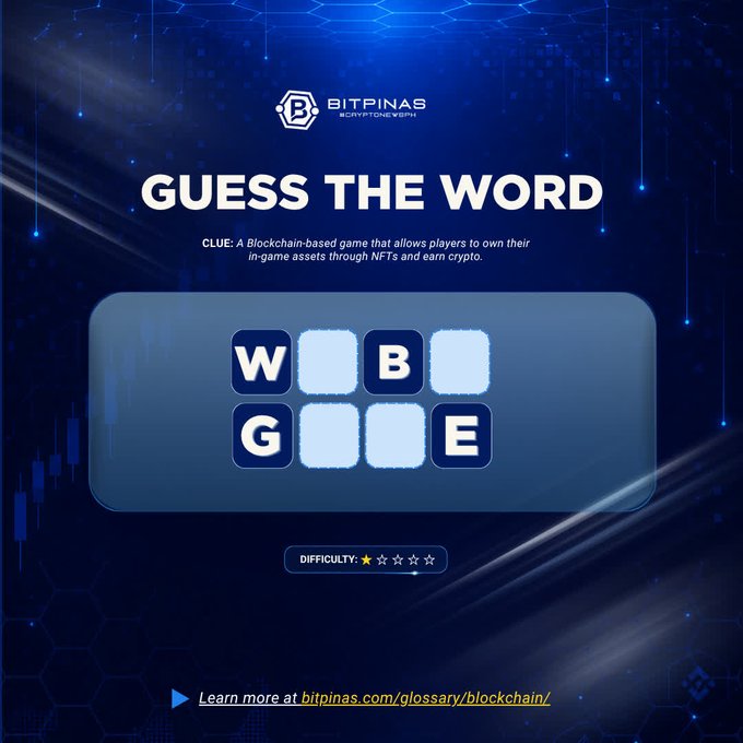 A 'Guess the Word' puzzle from BitPinas Crypto News featuring the clue 'A Blockchain-based game that allows players to own their in-game assets through NFTs and earn crypto' with the revealed letters W, B, G, and E visible.