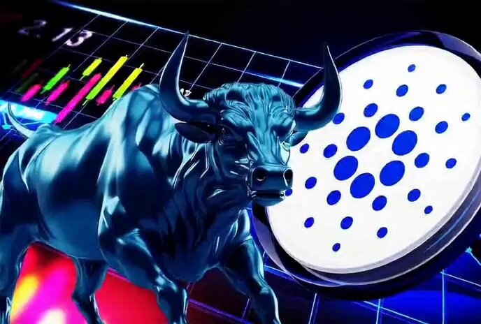 The image features a bull statue with horns, standing next to a white circle that has blue dots inside of it. The bull appears to be charging at the circle, creating an intense scene. In the background, there are numbers and lines, possibly representing stock market data or financial indicators. The caption for this image reads: "Smash the like and repost if you are bullish on #Cardano 𓄀".