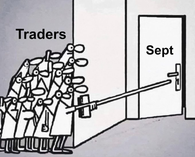 A black-and-white cartoon shows a large group of stick-figure "Traders" crowded together, straining to pull a long rope threaded through a keyhole in a door labeled "Sept," symbolizing their collective effort to pry open or access something by September in reference to "Pumpfun traders."