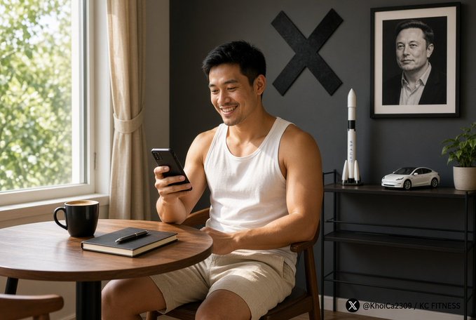A man sits at a small wooden table smiling at his smartphone, with a black notebook, pen, and coffee mug nearby; the dark wall behind him features a framed photo of Elon Musk, a Tesla logo, and a model of a SpaceX rocket.