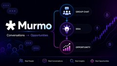 The image features a poster with a purple background, blue circles, and white text that reads "MURMO" at the top. Below this, there are three different sections of the poster, each representing a conversation topic related to opportunities or real conversations. The first section is titled "CONVERSATIONS", followed by "OPPORTUNITIES", and finally "REAL CONVERSATIONS". Each section contains various icons and illustrations that represent different aspects of these topics.
