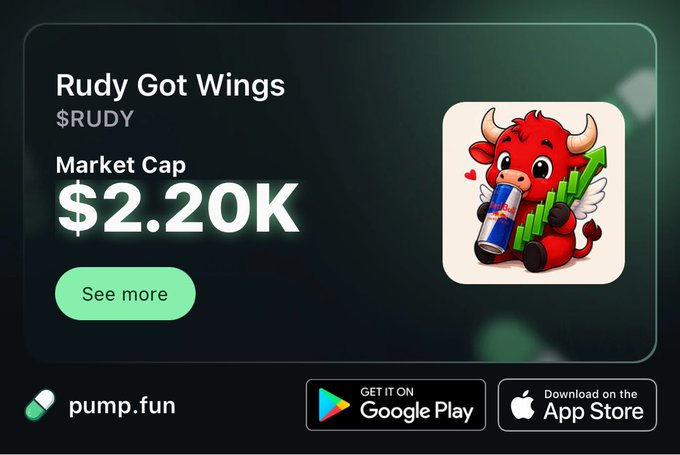 Promotional graphic for the $RUDY memecoin, titled 'Rudy Got Wings,' showing a market cap of $2.20K on pump.fun, with a cartoon red bull drinking Red Bull and a green candlestick chart.
