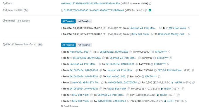 A blockchain explorer screenshot showing transactions between addresses labeled '(MEV Frontrunner Yoink)' and '(MEV Bot: Yoink)', including ETH transfers and ERC-20 token transfers involving rsETH and PermitToken.
