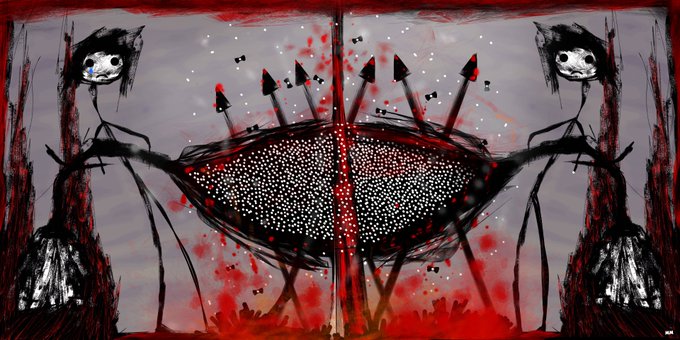A dark, abstract horror illustration featuring two skeletal figures with hollow eyes flanking a large, eye-like central shape pierced by arrows, set against a red and grey background.