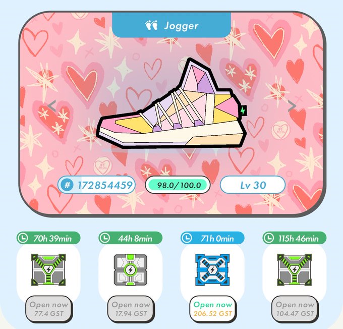 The image shows a STEPN game screenshot featuring a "Jogger" sneaker (ID #172854459) at Level 30 with 98.0/100 condition, alongside four Mystery Boxes available to open with timers (70h 39min, 44h 8min, 71h 0min, 115h 46min) costing 77.4, 17.94, 206.52, and 104.47 GST respectively. This relates to the poster's frustration about having to shift focus from collecting P-country (Portugal) boxes to S-country (Spain) boxes due to a new capsule challenge event in STEPN, with the various country-coded boxes visible in the interface illustrating this collection goal conflict.
