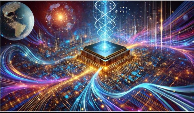 A vibrant, futuristic digital illustration depicts a glowing computer chip connected to a DNA helix, with streams of light flowing across a circuit board landscape with a globe in the background.