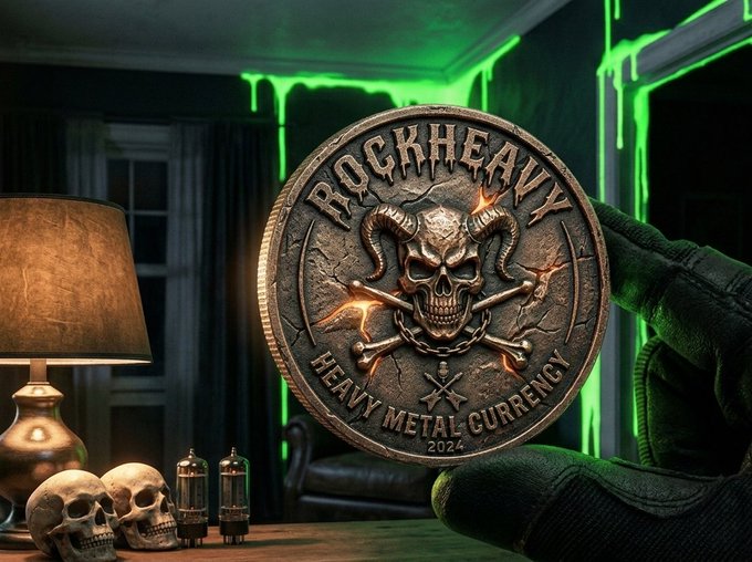 A close-up of a large bronze coin held by a gloved hand, featuring a horned skull design and the text 'ROCKHEAVY HEAVY METAL CURRENCY 2024', set against a green-lit background with skulls and vacuum tubes.