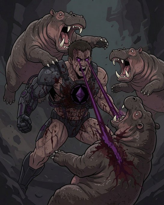 A muscular figure resembling Vitalik Buterin, wearing an Ethereum logo on his chest, battles three aggressive hippos while firing purple laser beams from his eyes.