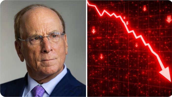 BlackRock CEO Larry Fink appears alongside a red downward-trending chart, visually reinforcing the breaking news that a BlackRock Bitcoin ETF has sold $212.45 million worth of BTC.