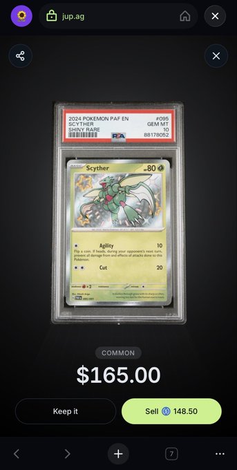 A PSA 10 Gem Mint graded 2024 Pokémon Scyther card (card #095) is displayed on Jupiter Exchange, valued at $165.00 (Common) with an instant sell offer of 148.50 Jupiter tokens, fitting the user's mention of cashing out Pokemon hits for a Rollie.