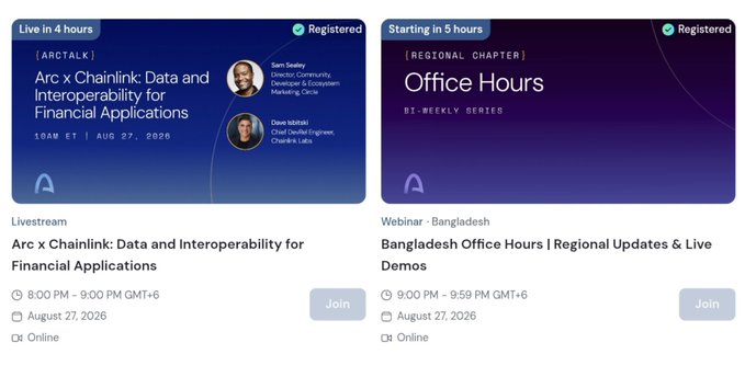 Two online event listings: an ArcTalk livestream titled 'Arc x Chainlink: Data and Interoperability for Financial Applications' on August 27, 2026, and a Bangladesh Office Hours webinar scheduled from 9:00-9:59 PM GMT+6, both marked as Registered.