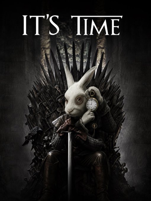 A dark, gothic parody of the "Game of Thrones" throne room shows a white rabbit in Victorian clothing holding a pocket watch while seated on a sword-covered throne, with the text "IT'S TIME" displayed above. The image playfully embodies the post's "MoveToMetal" theme by marking a transition moment—signaling that the time has come for a dramatic shift into heavy metal fandom, much like the iconic "dracarys" command that signals a generational turning point.