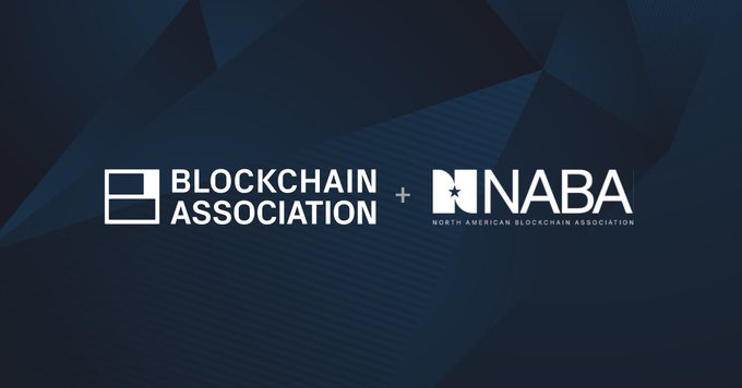 A graphic with a dark blue geometric background displaying the white logos for 'BLOCKCHAIN ASSOCIATION' and 'NABA NORTH AMERICAN BLOCKCHAIN ASSOCIATION' separated by a plus sign.