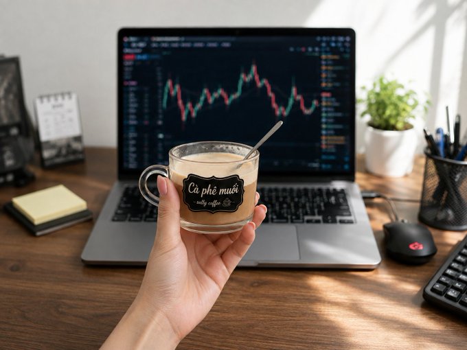 A hand holds a glass mug of coffee labeled 'Cà phê muối salty coffee' in front of a laptop displaying a financial trading chart, on a wooden desk with a plant and pen holder.