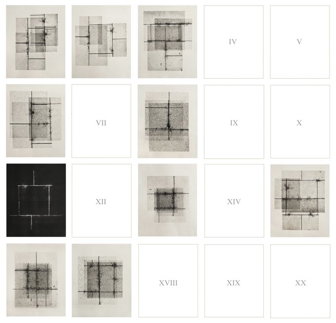 A grid of graphic, abstract black-and-white prints resembling architectural sketches, arranged in a 3x5 layout with some slots labeled with Roman numerals like IV, V, VII, IX, X, XII, XIV, XVIII, XIX, and XX.