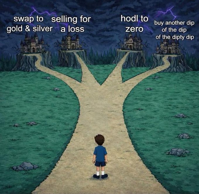 A 'four-path' meme showing a boy facing four castles labeled with crypto/investing choices: 'swap to gold & silver', 'selling for a loss', 'hodl to zero', and 'buy another dip of the dip of the dipty dip'.