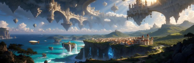 A fantastical digital landscape featuring floating sky-castles above an ocean with waterfalls, a coastal town on a cliffside, and an airship — serving as a vivid backdrop to announce the opening of a "GTD Portal" for a Universe Pass NFT mint with requirements for burning x2 Villains per wallet.
