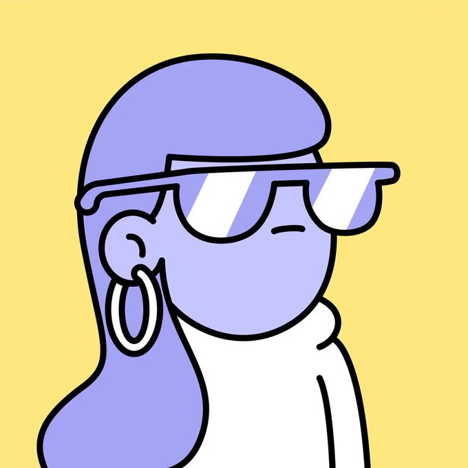 A simple cartoon illustration of a purple-skinned figure with sunglasses, a large hoop earring, and a white shirt against a yellow background.