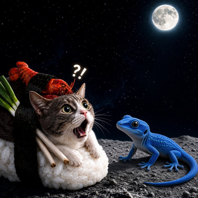 A shocked tabby cat made of sushi, marked with "?!" above its head, stares in surprise at a bright blue gecko on a moonlit, cratered surface. The whimsical scene illustrates the verification request for the "sushicat" token on Robinhood Chain via GeckoTerminal.