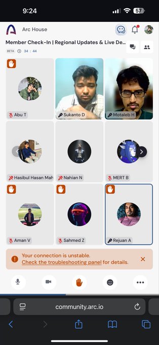 A mobile screenshot of an Arc House video call titled 'Member Check-in | Regional Updates & Live De...' showing a grid of participant avatars and a connection warning message at the bottom.