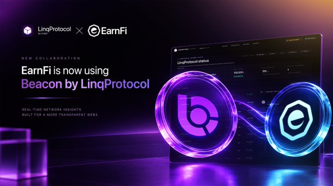 A promotional graphic announcing a new collaboration stating 'EarnFi is now using Beacon by LingProtocol.' The design features 3D circular logos for both companies glowing in neon purple and blue against a dark background.