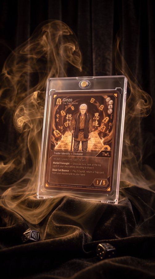 A trading card titled "Ginzo The Trap Master" is displayed in a protective case amidst swirling smoke and dice, featuring character artwork with Japanese characters and gameplay text including "Trader Identify — Trickster" and "Market Foresight."