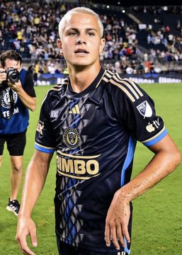 Cavan Sullivan, the 16-year-old Philadelphia Union midfielder, is shown on the field wearing a black "BIMBO" sponsored MLS jersey, reflecting the post about his anticipated call-up to the US men's national team.
