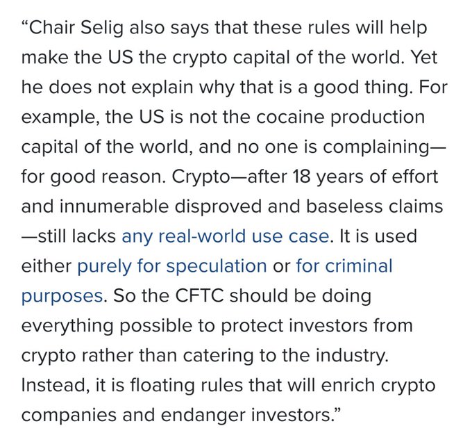A text excerpt criticizes Chair Selig's crypto-friendly rules, arguing that crypto lacks any real-world use case beyond speculation and criminal purposes, and that the CFTC should protect investors rather than "enrich crypto companies." The quoted passage directly counters the accompanying post's pro-crypto stance by equating crypto advocacy with harmful industry enrichment while dismissing claims of individual freedom and innovation.