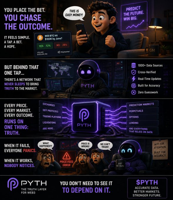 The image shows a poster for Cryptocurrency trading, featuring a cartoon character named Pyth. The poster includes a series of illustrations depicting various aspects of cryptocurrency trading, such as placing a trade, opening a trade, and making a prediction. The text on the poster emphasizes that simplicity is often an illusion in the world of cryptocurrency trading, with a focus on what is actually true rather than what appears to be true.