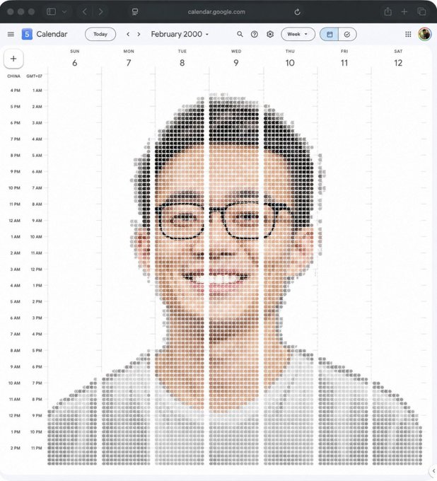 A pixelated ASCII-style portrait of a person with glasses overlaid on a Google Calendar interface showing February 2000.