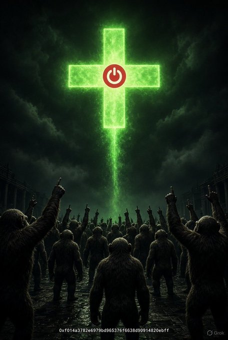 A dark, atmospheric digital artwork depicts a crowd of humanoid figures raising their middle fingers toward a glowing green cross in the sky, which has a red power button symbol at its center.
