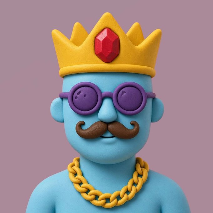 A 3D-rendered blue claymation-style character wearing a yellow crown with a red gem, purple round sunglasses, a brown mustache, and a thick gold chain necklace against a purple background.