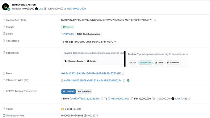 A BscScan transaction record confirming the successful burn of 10,000,000 LAB tokens (valued at $11,300,000) sent to address 0x000...000, corroborating the $LAB team's announcement of the token burn.