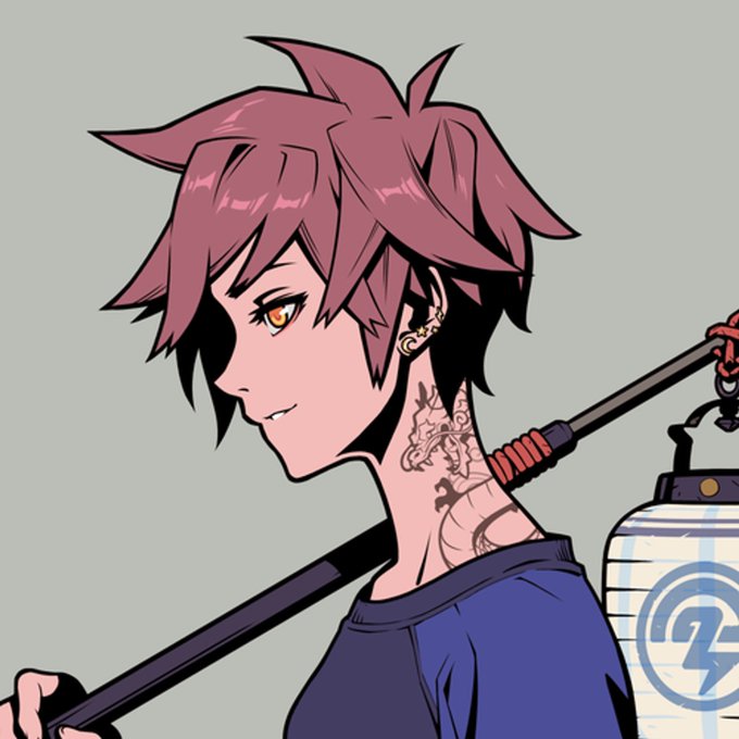 An anime-style illustration of a young man with pink/magenta spiky hair, an earring, a neck tattoo, and a blue shirt, holding a long black staff with a lantern attached over his shoulder.