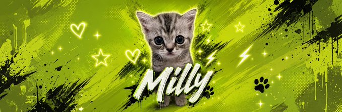 A cute tabby kitten named "Milly" sits against a vibrant green grunge background decorated with neon hearts, stars, lightning bolts, and paw prints. The stylized banner promotes Milly as a potential Reddit memecoin tied to Robinhood, with the Ethereum contract address 0x6a601fd477d62a6c9a4e99d3ce58ece2b7349832 displayed alongside the "milly to millies" rallying cry.