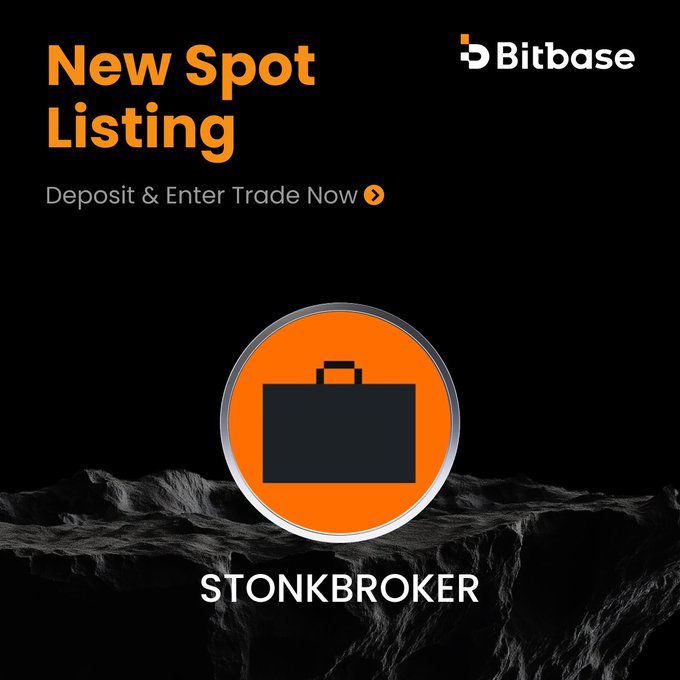 The image is a promotional graphic from Bitbase announcing a new spot listing, featuring an orange circular emblem with a briefcase icon above the ticker "STONKBROKER" on a dark, rocky landscape background. It displays the headline "New Spot Listing" with a "Deposit & Enter Trade Now" call-to-action, corresponding to the announcement that STONKBROKER/USDT trading pairs will be available on Bitbase starting July 21, 2026 at 9:00 am UTC.