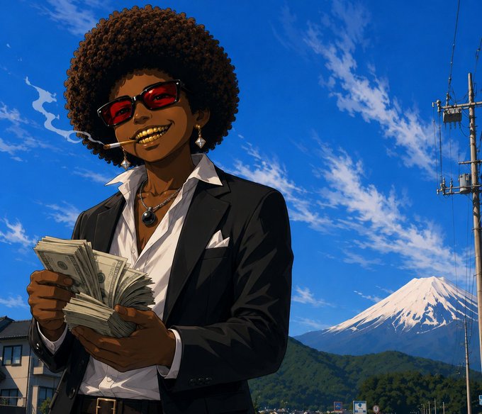 An anime-style woman with an afro, red sunglasses, gold grill, and cigarette holds a thick stack of cash, standing before a backdrop featuring a snow-capped Mount Fuji and power lines. The image's display of money aligns with the post's "$15 SOL giveaway" promotion, where followers are encouraged to engage for a chance to win cryptocurrency.