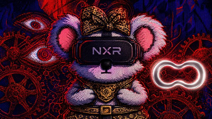 A stylized digital artwork of a purple teddy bear wearing a VR headset labeled 'NXR' and an ornate collar, set against a dark background with red gears and eyes, with a glowing neon shape to the right.