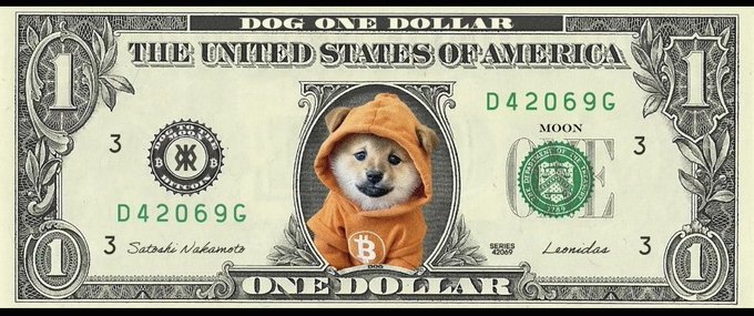 A meme-style image of a one-dollar US bill featuring a Doge/Shiba Inu dog wearing an orange Bitcoin hoodie in place of George Washington's portrait, signed 'Satoshi Nakamoto' and 'Leonidas.'