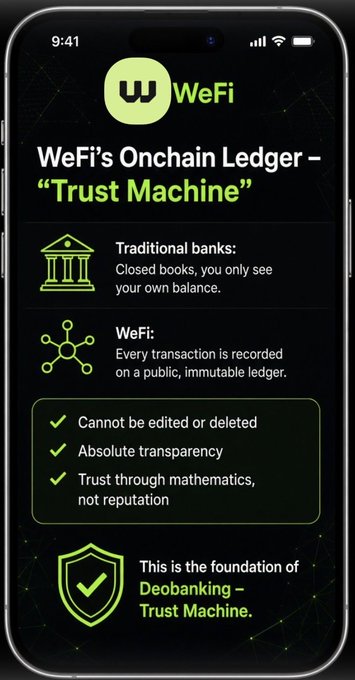 A mobile interface displays "WeFi's Onchain Ledger – 'Trust Machine'" with the WeFi logo, contrasting traditional banks' closed ledgers against WeFi's public, immutable ledger that cannot be edited or deleted, emphasizing transparency through mathematics rather than reputation as the foundation of Deobanking.