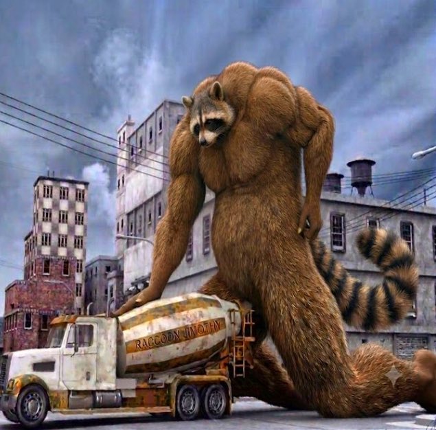 The image depicts a giant raccoon towering over a rusted tanker truck labeled "RACCOON JIMOTHY" in a dilapidated urban setting. This monstrous mascot visually represents the post's bullish $JIMOTHY to $100m sentiment, with the imposing creature's destructive scale symbolizing the token's anticipated massive growth.