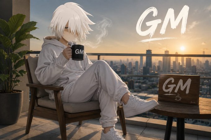An anime-style character in a white hoodie holding a 'GM' mug while sitting on a balcony with a city skyline at sunset, featuring 'GM' text.